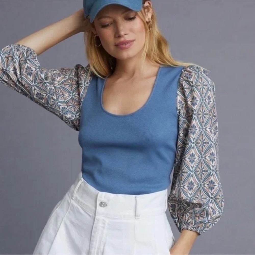 Anthropologie Dolan Blue Puff Sleeve Ribbed Top Size Small